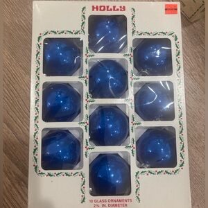 Vintage Holly American Made Blue Glass Christmas Ornaments Set of 10 Boxed